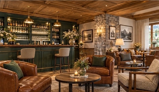 Concept rendering of an alpine hotel lounge